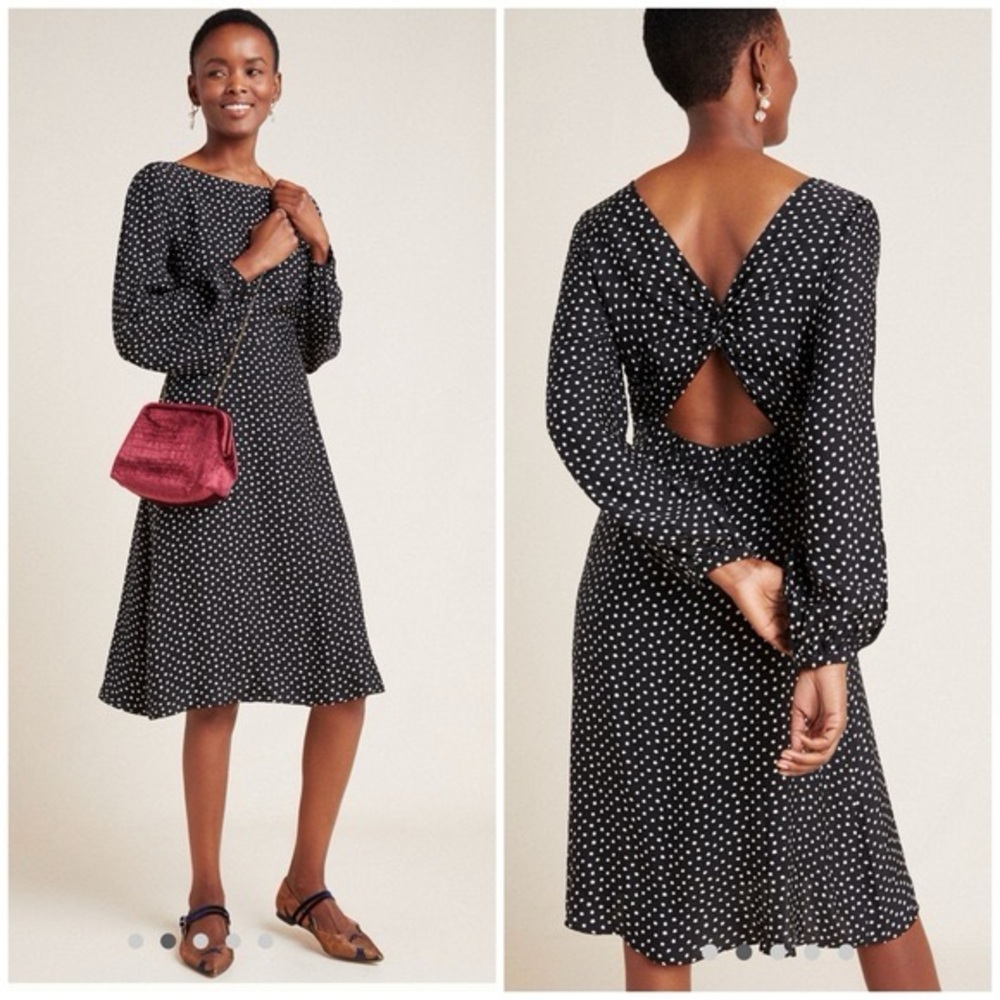 NWT Anthropologie Agatha Midi Twist Back Dress - Black with White Dots Size 10